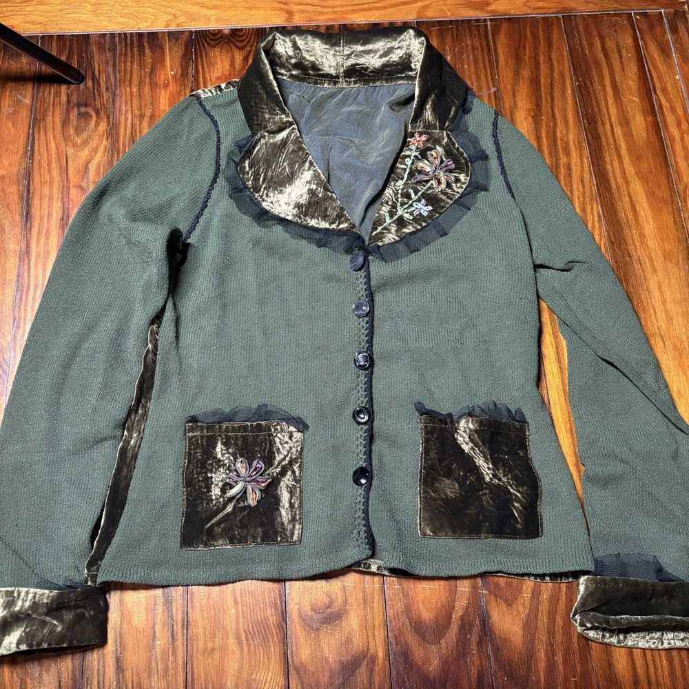 Elaris Green Velvet Floral Embroidery Mixed Material Cardigan Fun Funky Art A198
